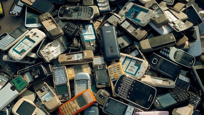 pexels photo 19037726 A collection of old and obsolete mobile phones stacked for recycling purposes.